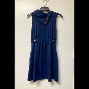 Navy Monteau Dress with Asymmetrical Cowl Neck